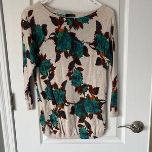 The Limited Beige Sweater with Turquoise and Brown Floral Pattern